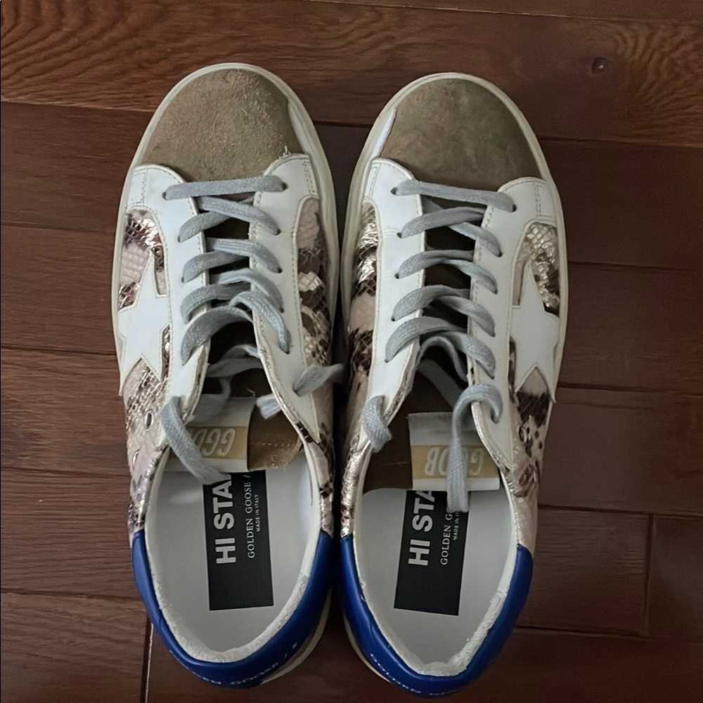 Golden Goose Hi Star Sneakers with Snakeskin and Blue Accents